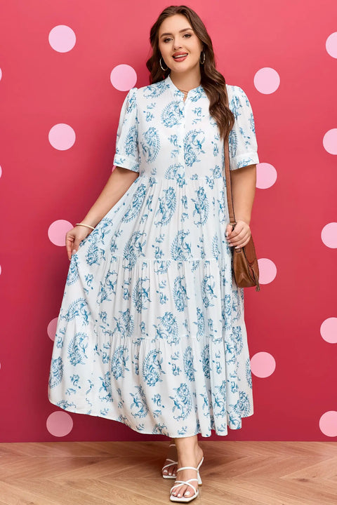 Sky Blue Plus Size Geometric Floral Split Neck Maxi Dress Women UK — front view
