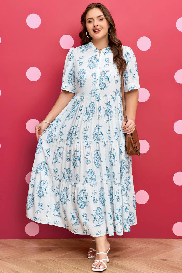 Sky Blue Plus Size Geometric Floral Split Neck Maxi Dress Women UK — front view