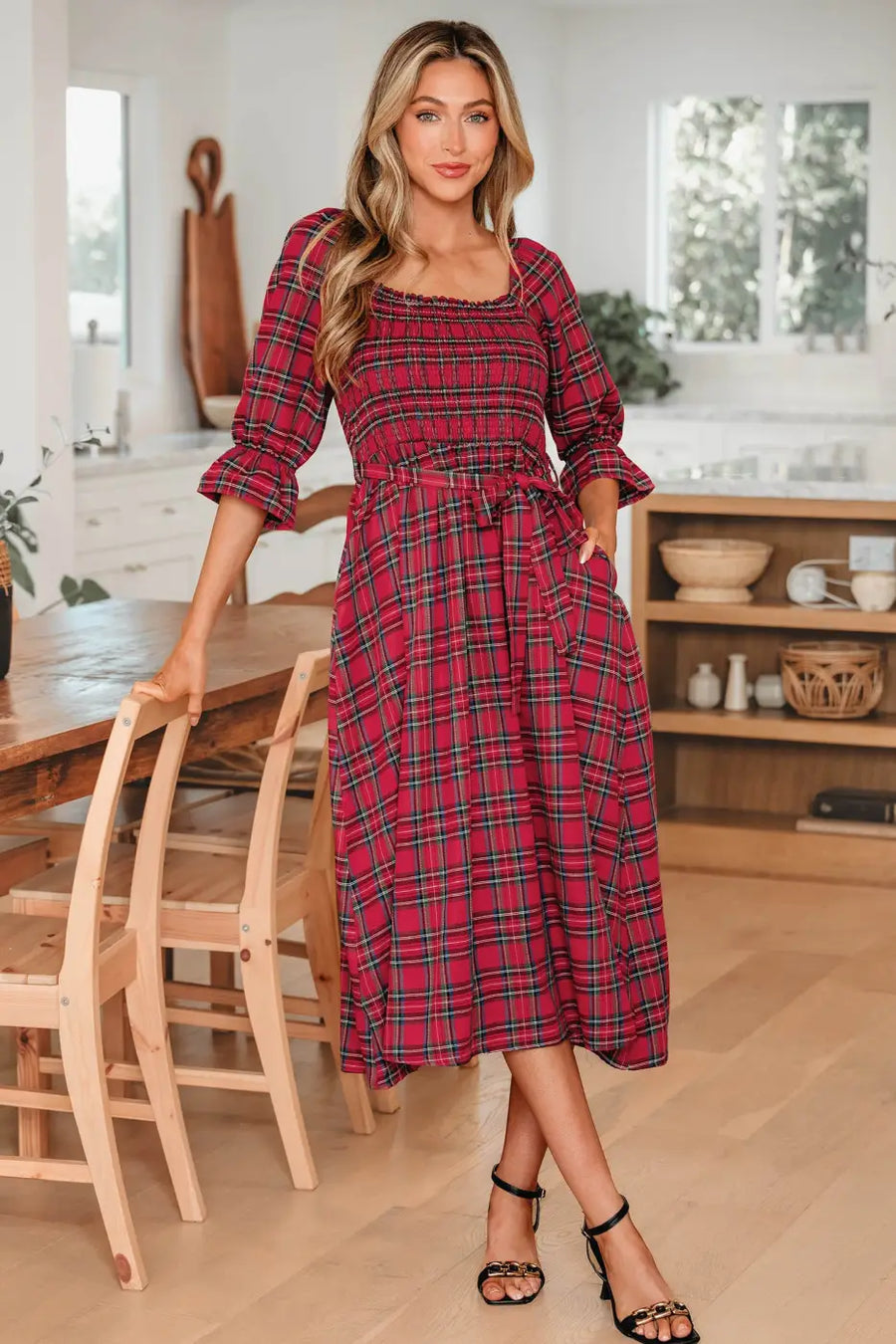 Red green tartan plaid flared midi dress dresses