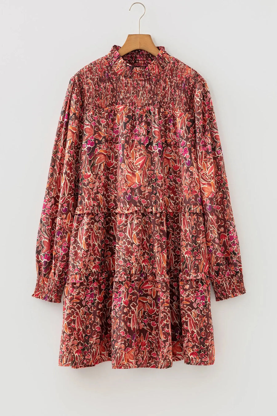 Red Floral Long Sleeve Shirred High Neck Mini Dress Women UK — model shot