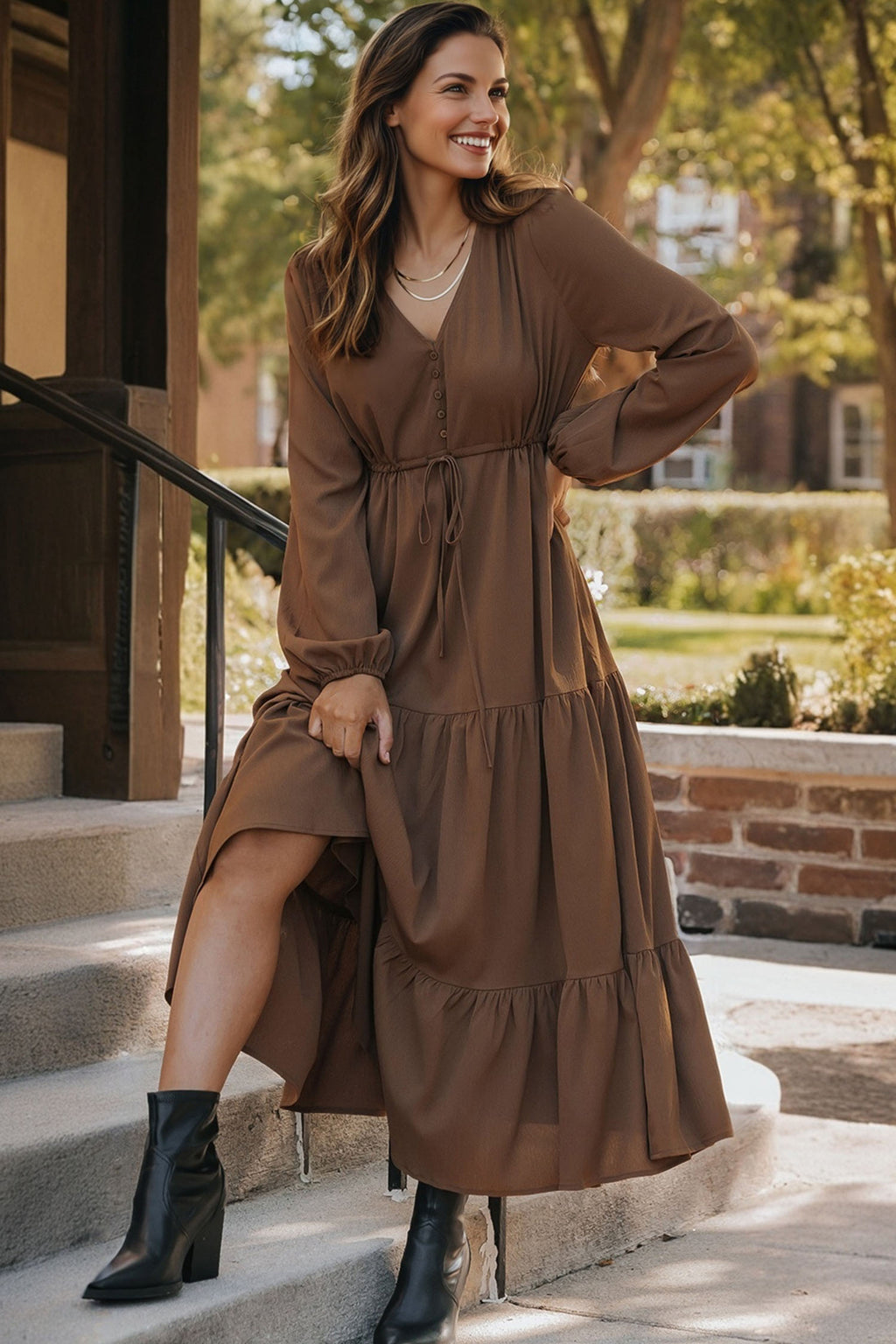 Burgundy Long Sleeve Tiered Maxi Dress
