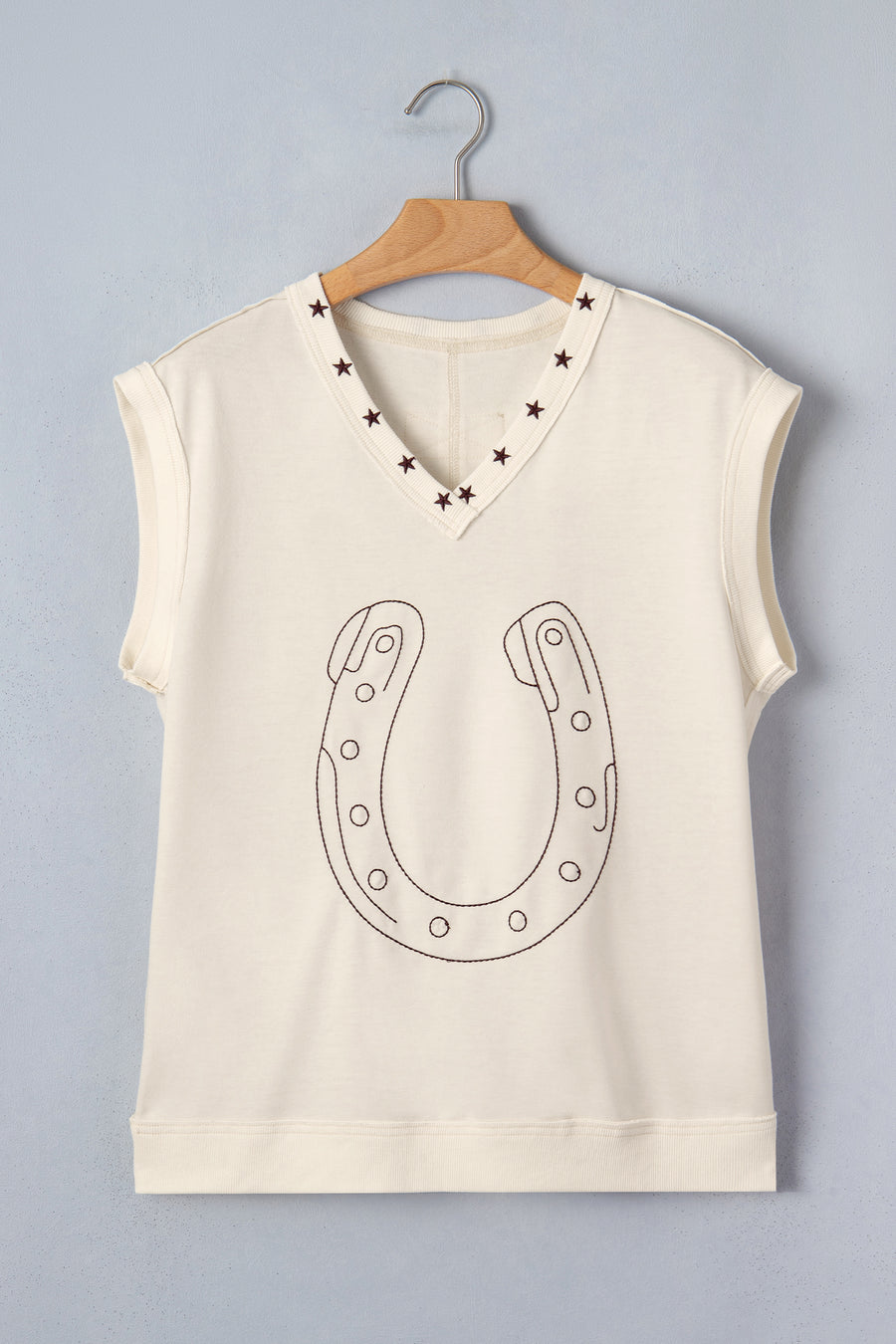 White Horseshoe Embroidered Star Trim V Neck Loose Tank Top