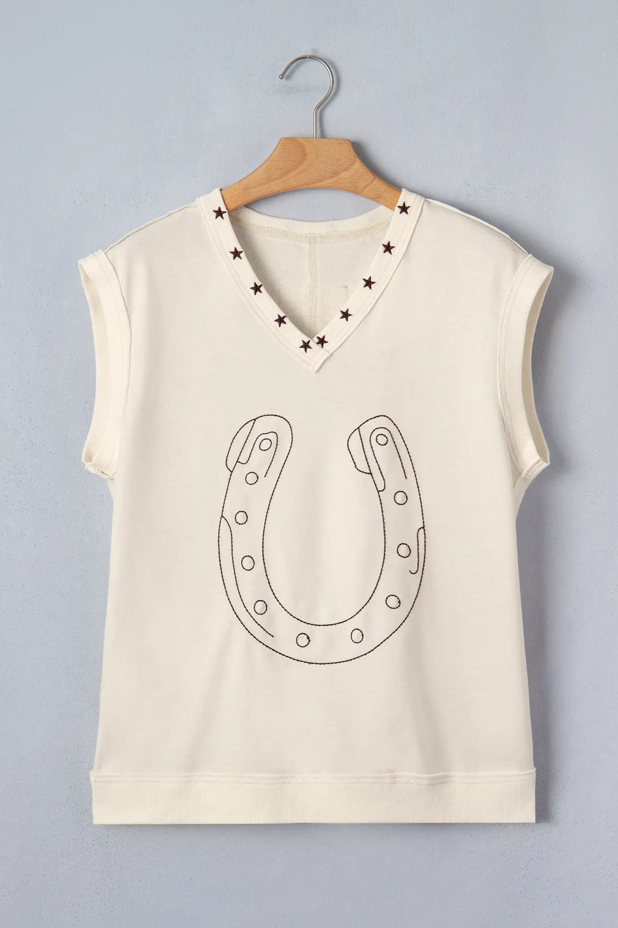 Loose V-neck tank top women UK — star trim and embroidery detail