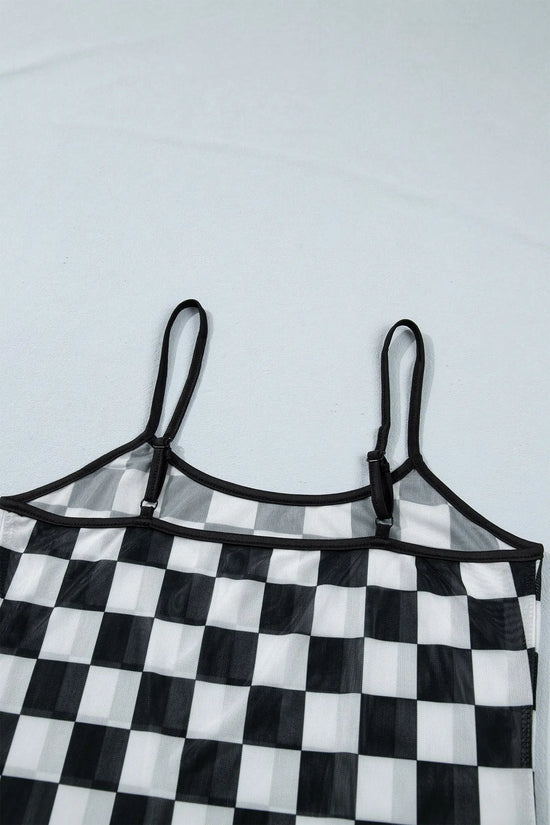 Sheer checkered print spaghetti strap slim crop tank top tops