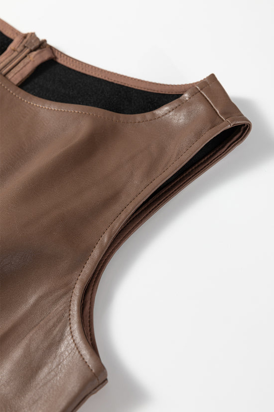 Brown Faux Leather Sleeveless Mini Dress
