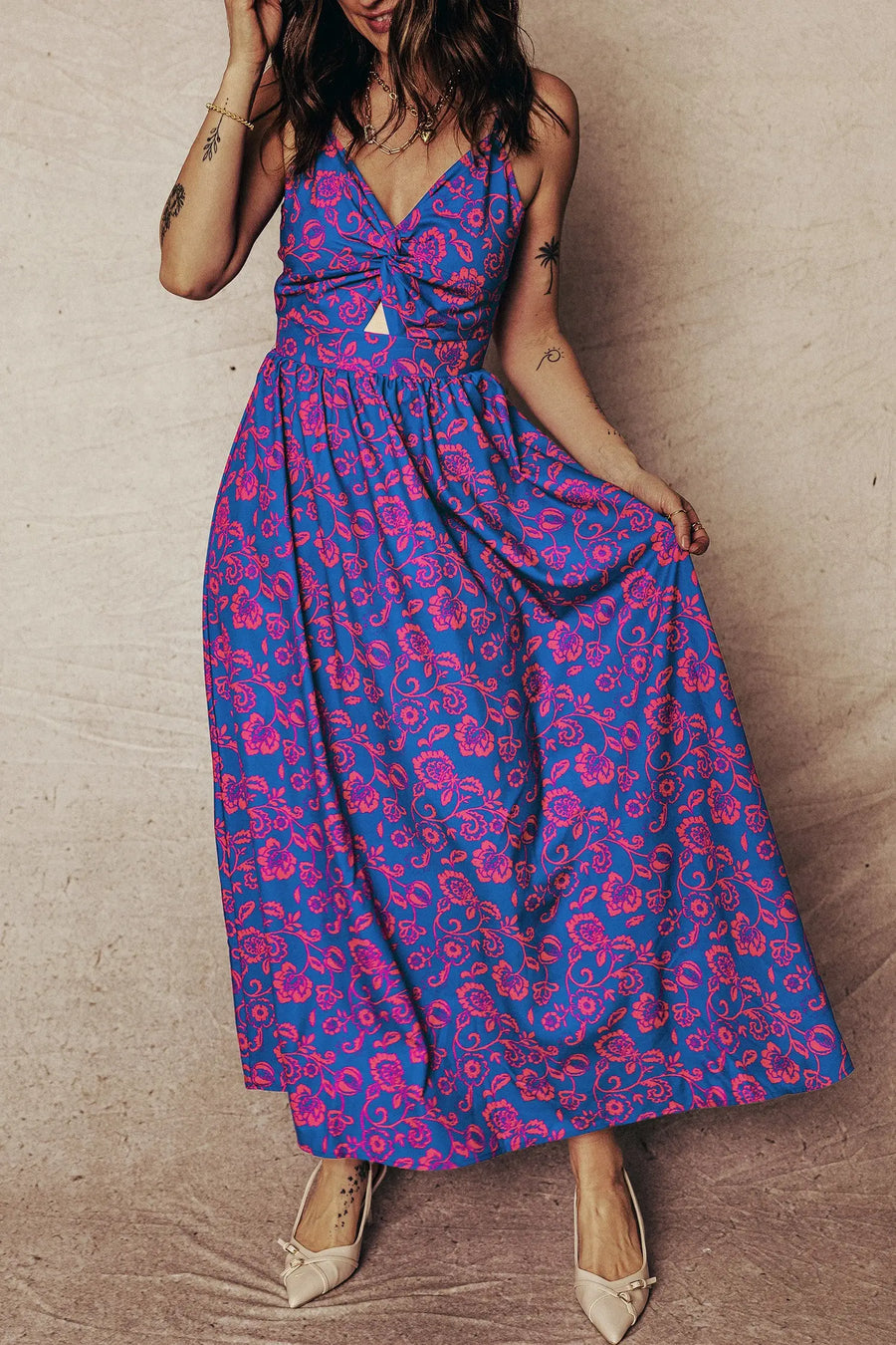 Blue Floral Twisted V Neck Tied Backless Maxi Dress Women UK — full length