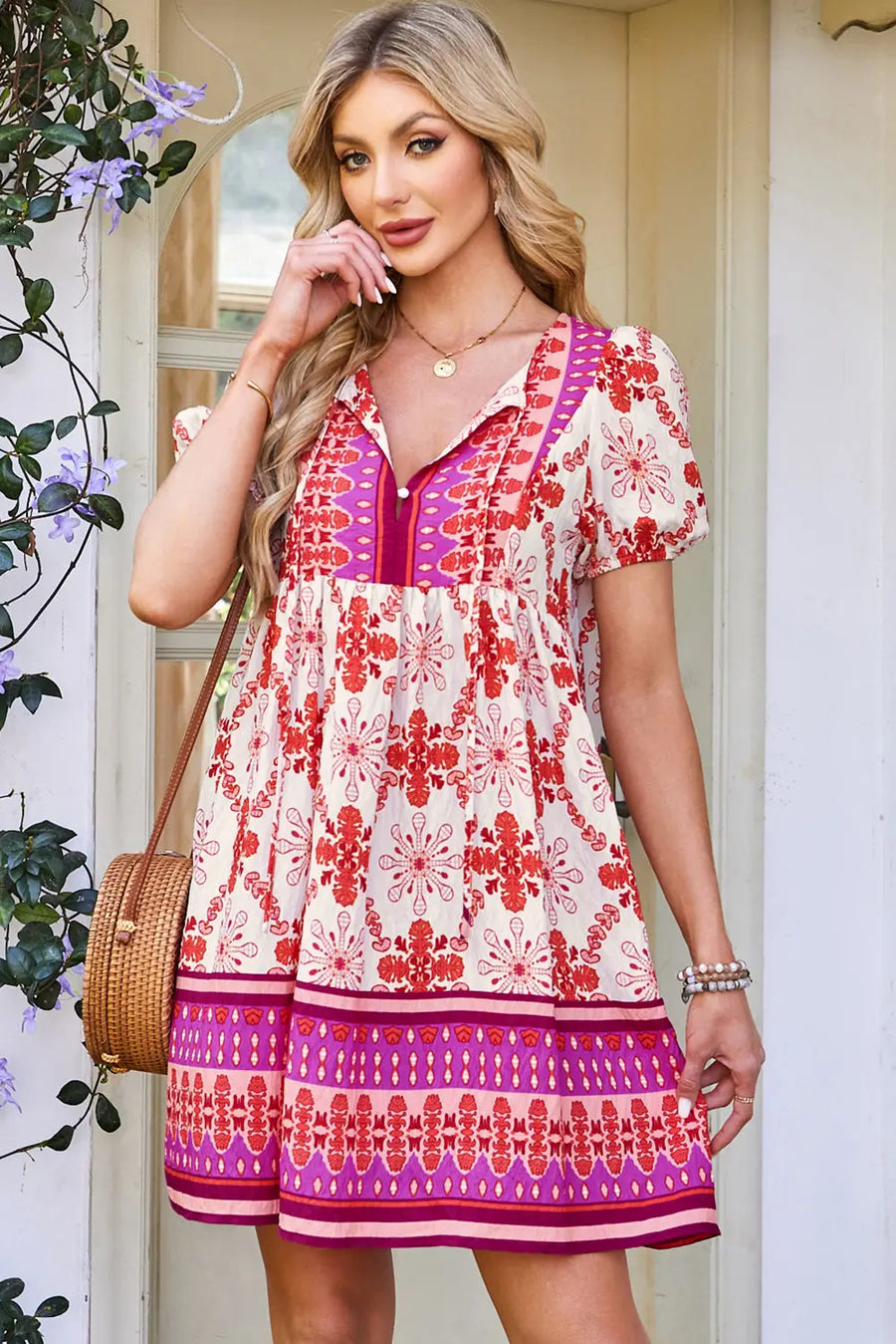 Rose Boho Floral Short Sleeve Lace Up V Neck Mini Dress Women UK
