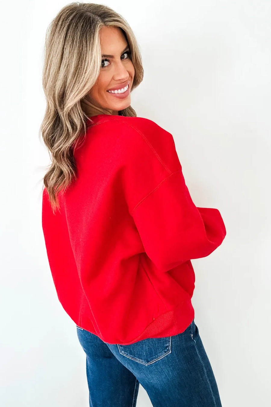 GAMEDAY embroidered patch sweatshirt — side view showing relaxed fit