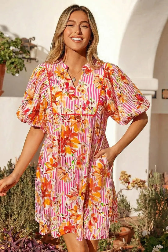 Women’s floral tie neck puff sleeve mini dress | fashionfitz