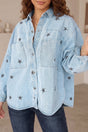 Sky Blue Stars Pattern Long Sleeve Shirt Collar Denim Jacket