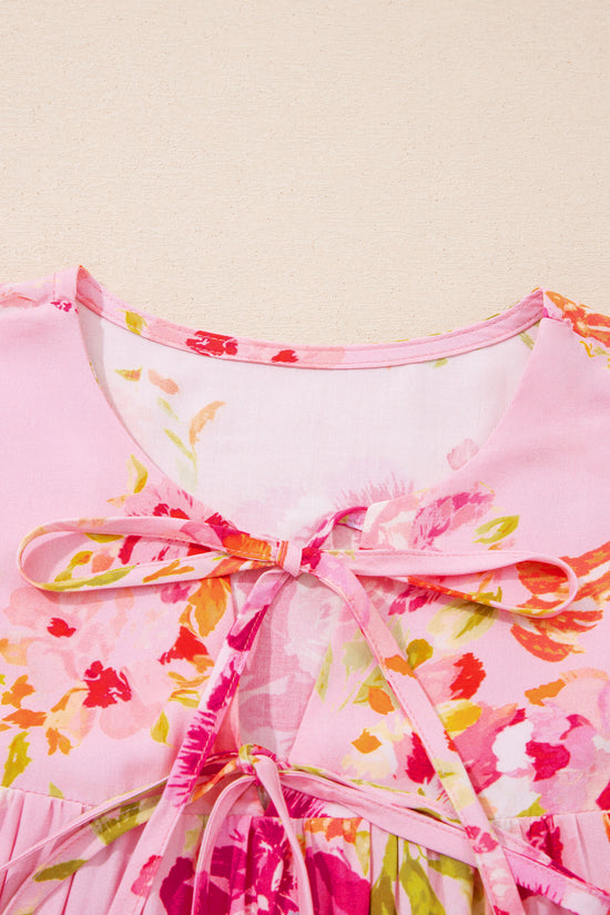Pink Floral Print Blouse Tie V-Neck Puffy Half Sleeve Relaxed Fit