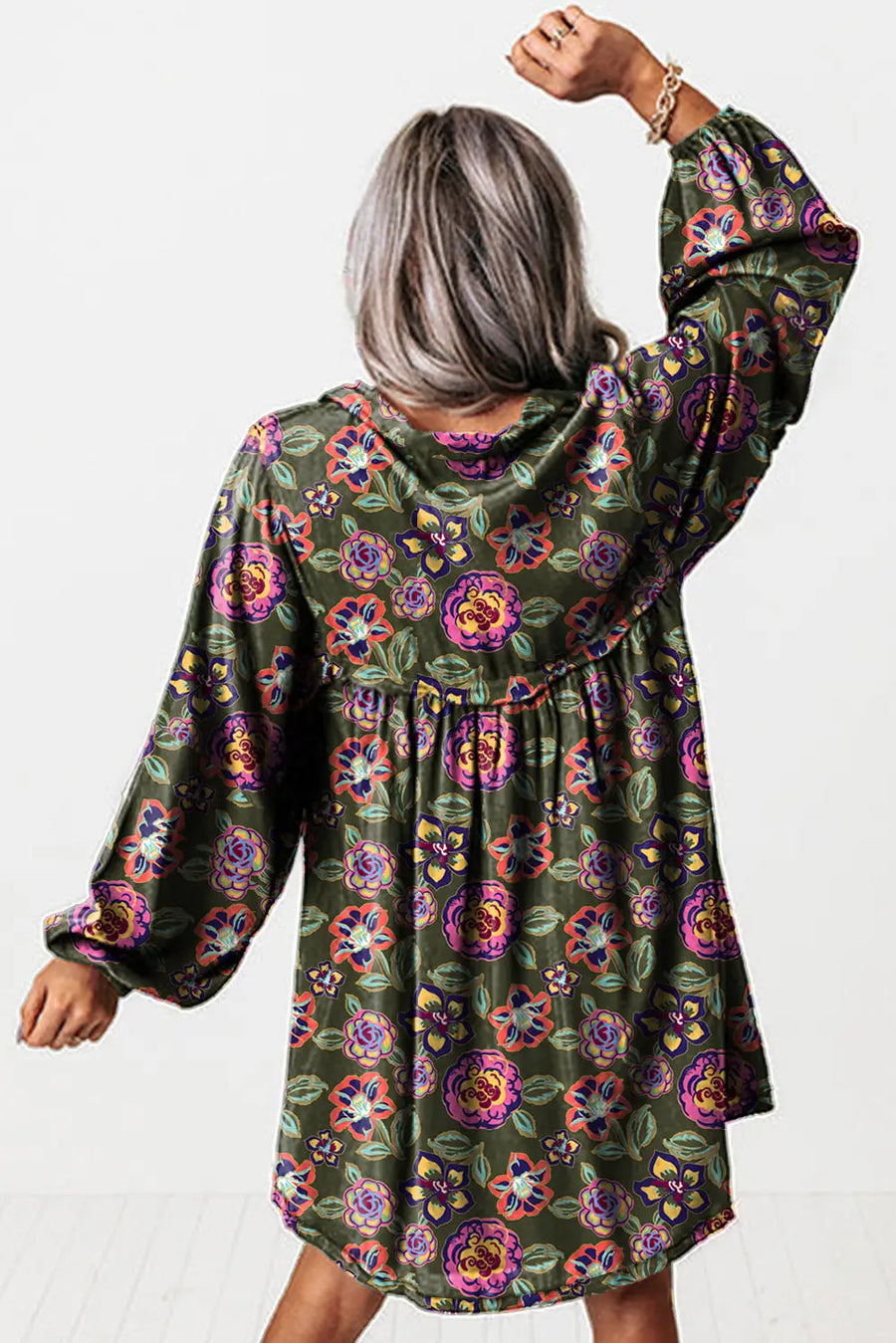 Green Floral Split Neck Bubble Sleeve Shift Mini Dress Women UK