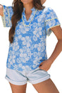 Sky blue oceanic floral scalloped v neck short blouse
