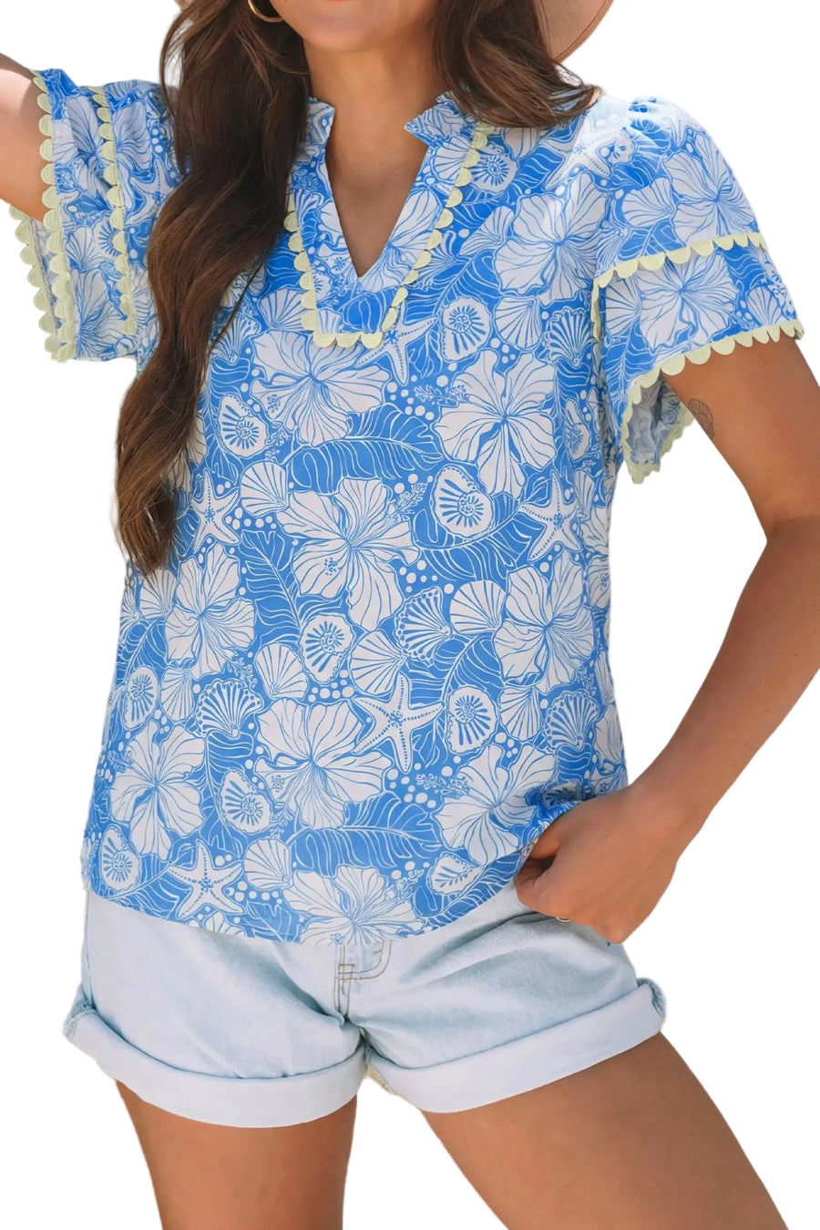 Sky blue oceanic floral scalloped v neck short blouse