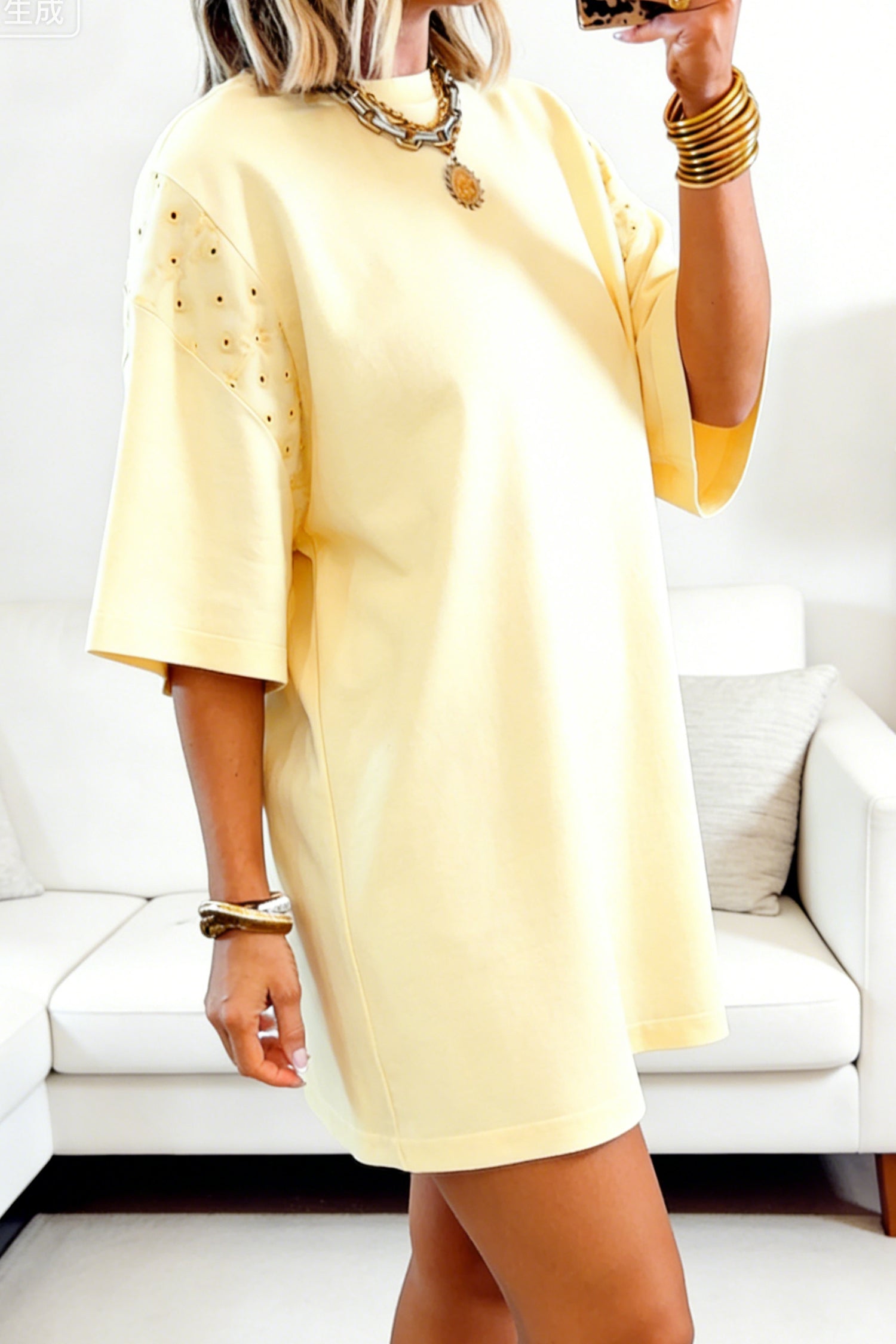 Women's yellow lace sleeve dress back view casual holiday