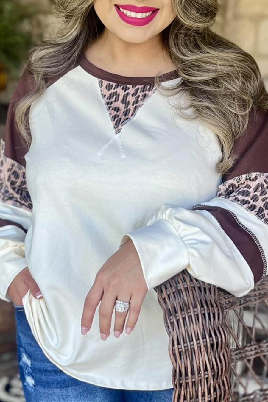 Beige leopard colorblock plus size long sleeve blouse — back view