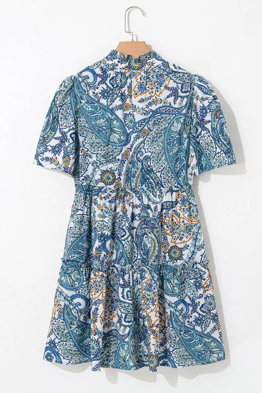 Blue Boho Paisley Floral V Neck Short Sleeve Mini Dress Women UK