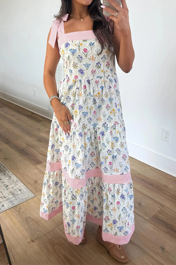 Multicolour Floral Striped Knot Strap Maxi Dress Women UK