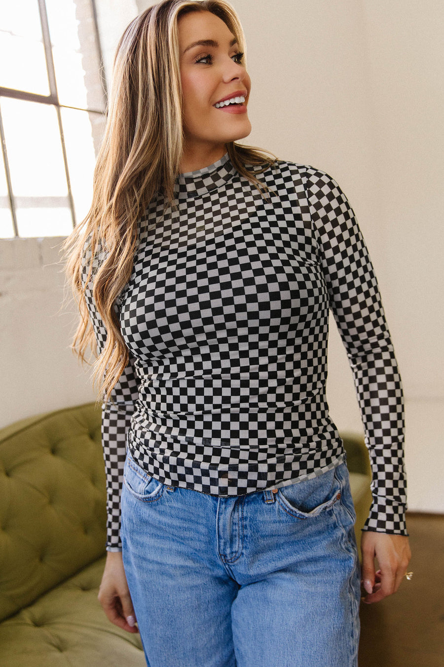 Plaid Stand Neck Long Sleeve Mesh Top Women UK