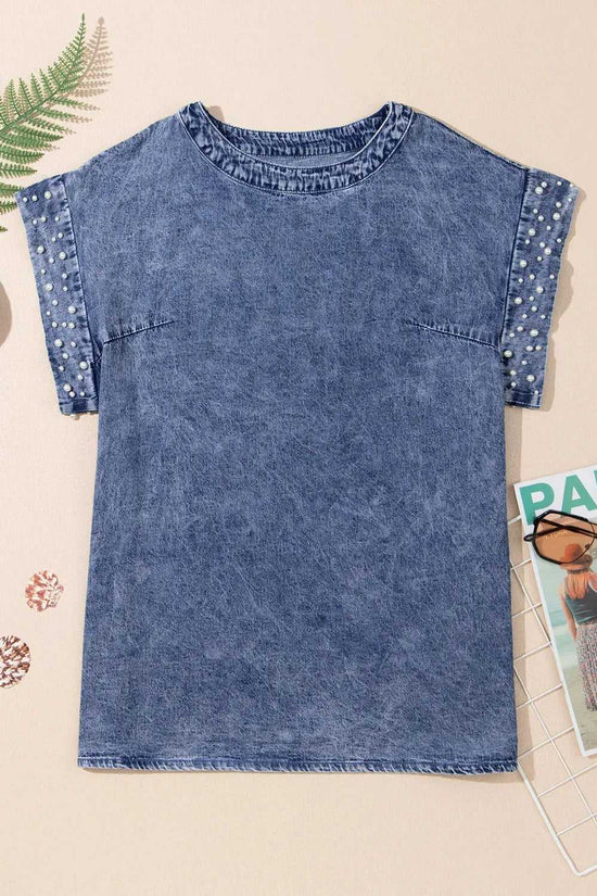 Denim Top - Dusk Blue Acid Wash Pearl Embellishments - Fashionfitz