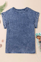 Denim Top - Dusk Blue Acid Wash Pearl Embellishments - Fashionfitz