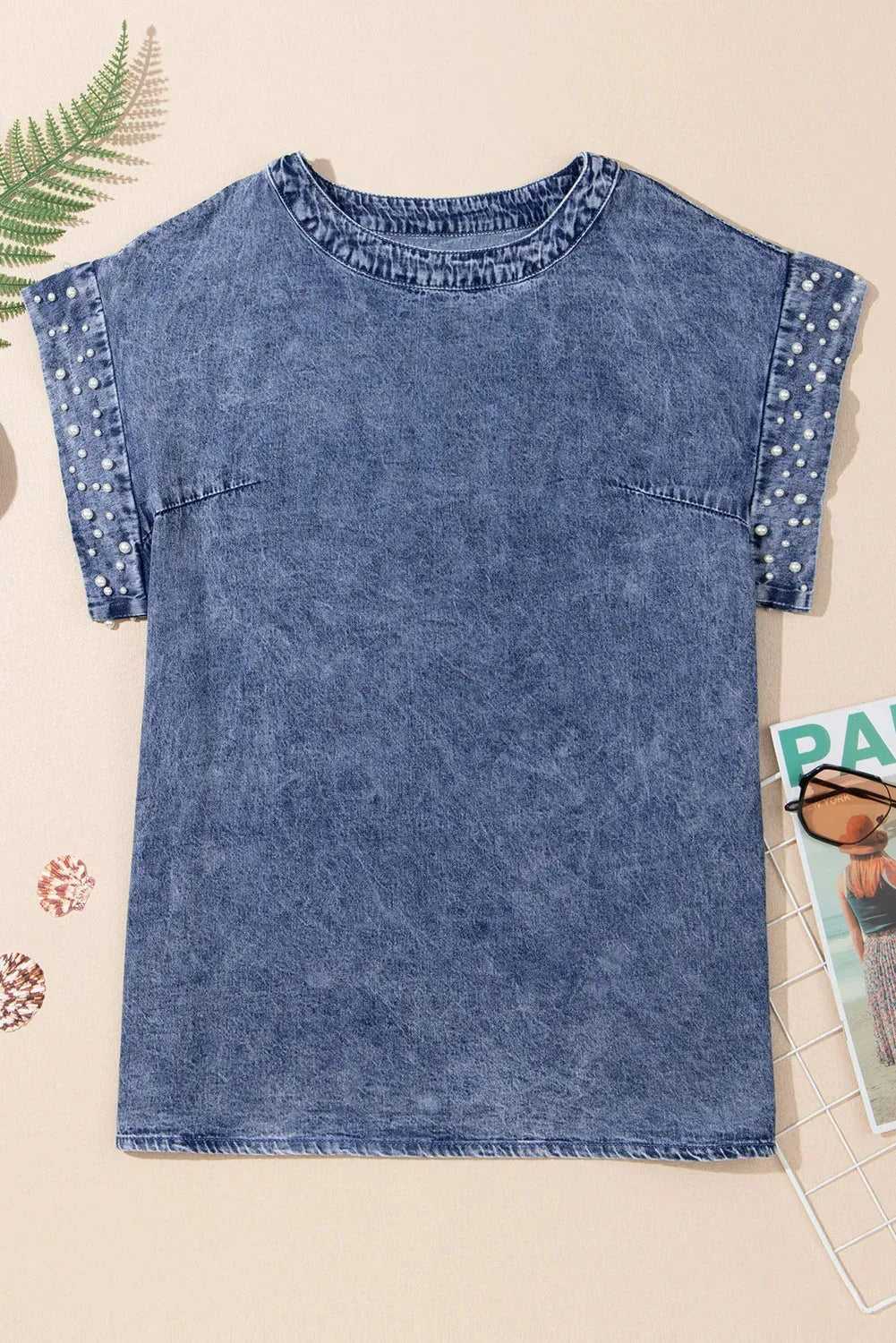 Denim Top - Dusk Blue Acid Wash Pearl Embellishments - Fashionfitz