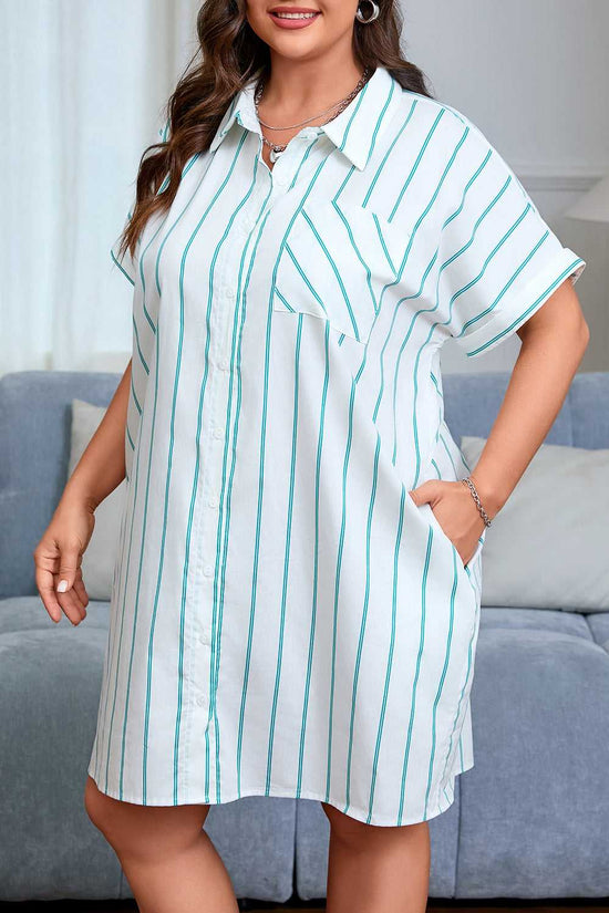 Woman wearing a striped shirt dress in a casual setting