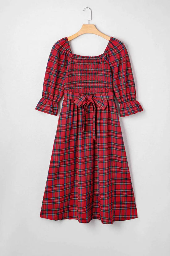 Red green tartan plaid flared midi dress dresses