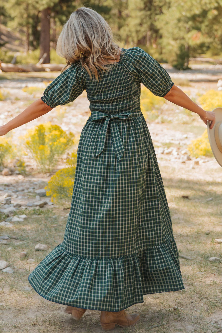 Plaid Square Neck Shirred High Waist Ruffle Hem Dress