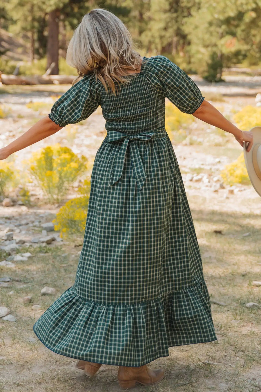 Plaid Square Neck Shirred High Waist Ruffle Hem Dress — close-up detail | Fashionfitz UK