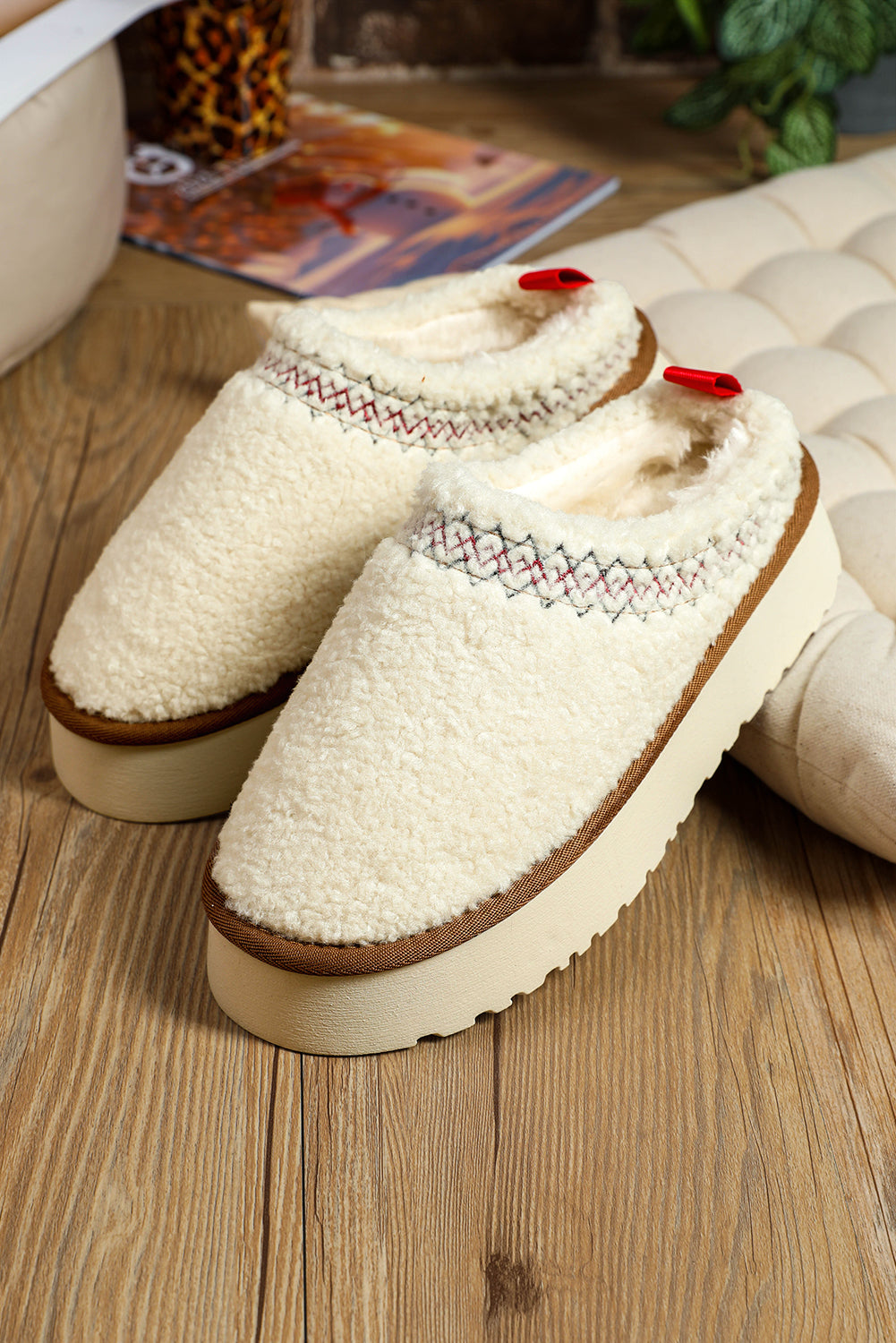 Embroidered Sherpa Plush Winter Slippers