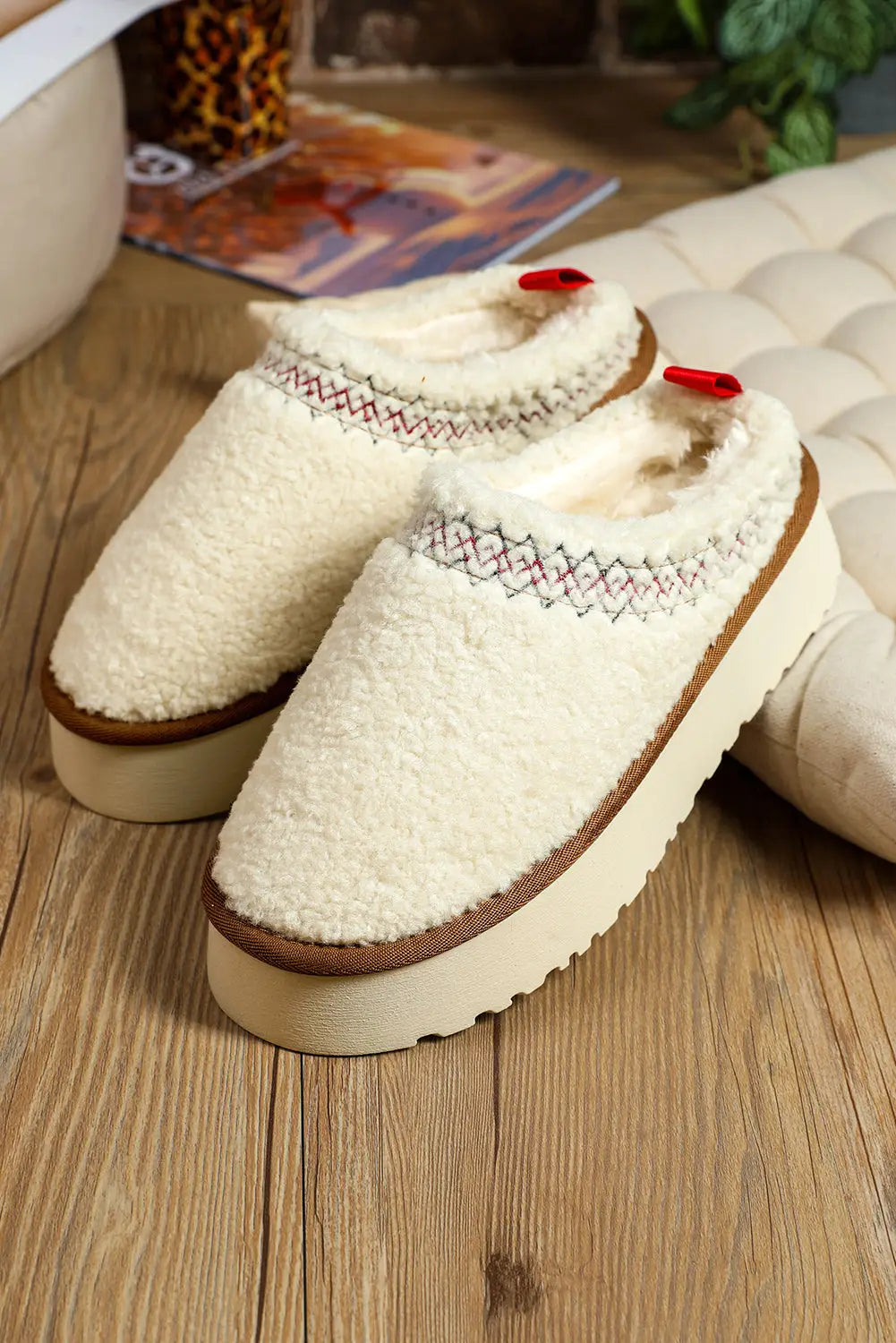 Embroidered sherpa plush winter slippers