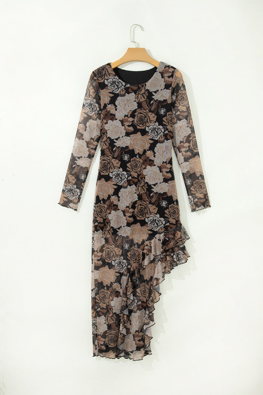 Floral Mesh Long Sleeve Ruffle Asymmetric Hem Dress Women UK