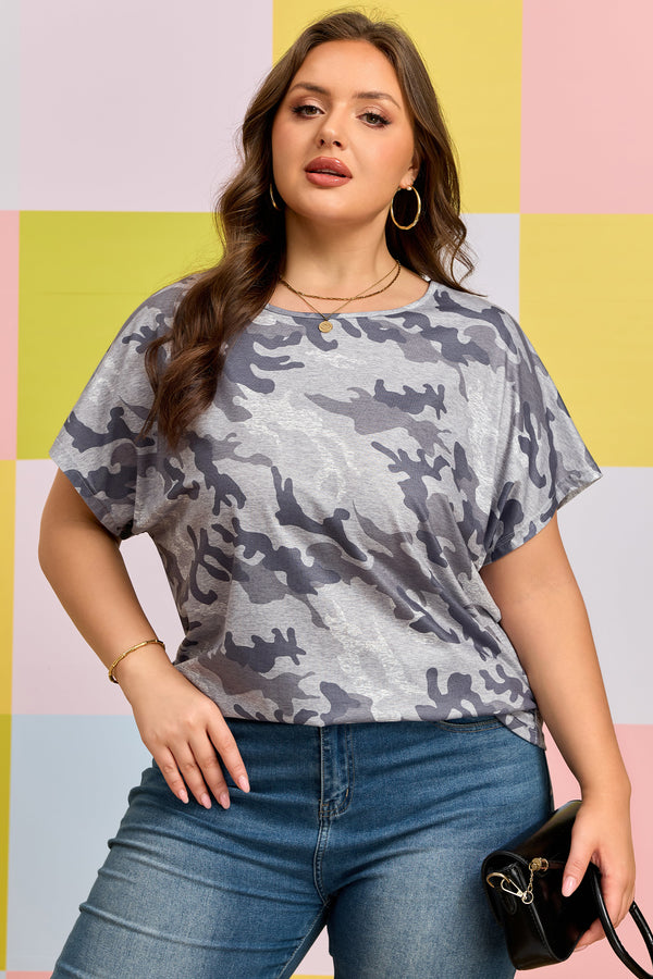 Woman wearing camo print plus size casual T-shirt
