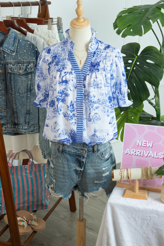 Animal Paradise Print Striped Panel Gathered V-Neck Blouse