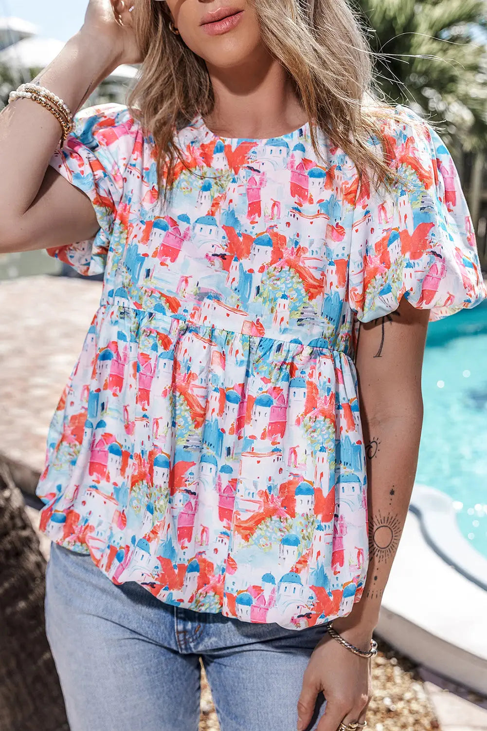 Sky blue parisian avenue babydoll top - women’s tunic blouse
