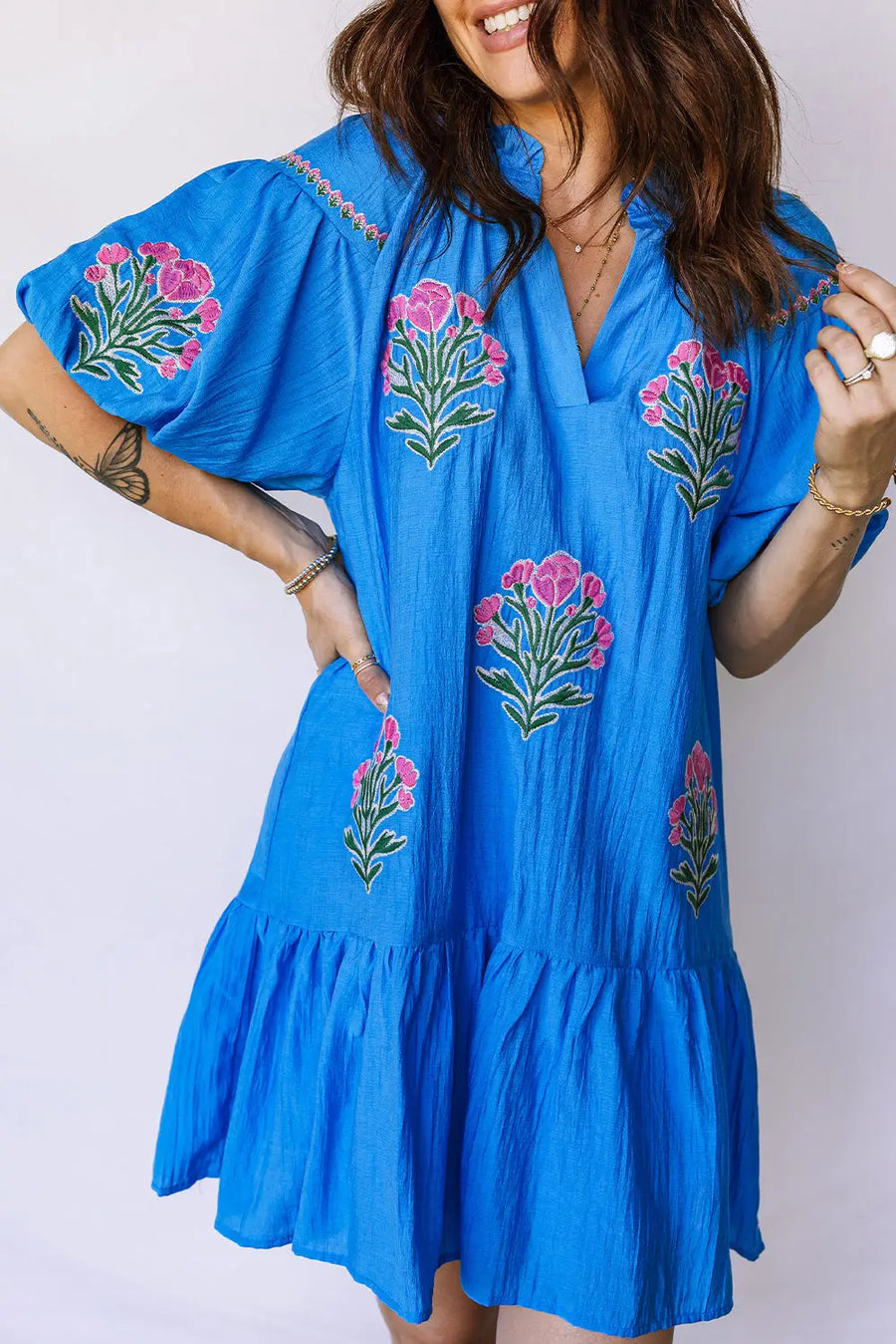 Multicolour Floral Doodle Striped Trim V Neck Midi Dress Women UK