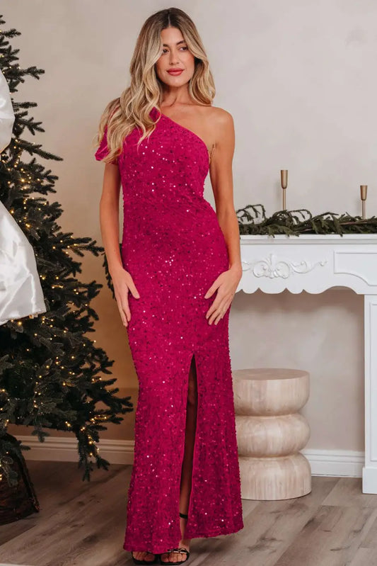 Pink Sequin High‑Split Party Gown with one-shoulder design and thigh-high slit, perfect for glam evening events and red carpet occasions.