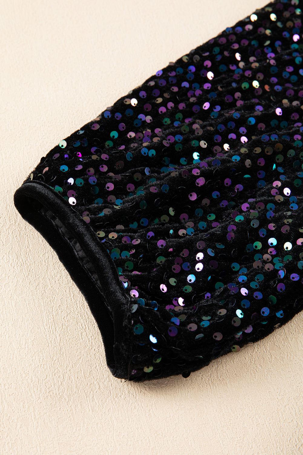 Black Sequin Puff Sleeve Velvet Peplum Shirt