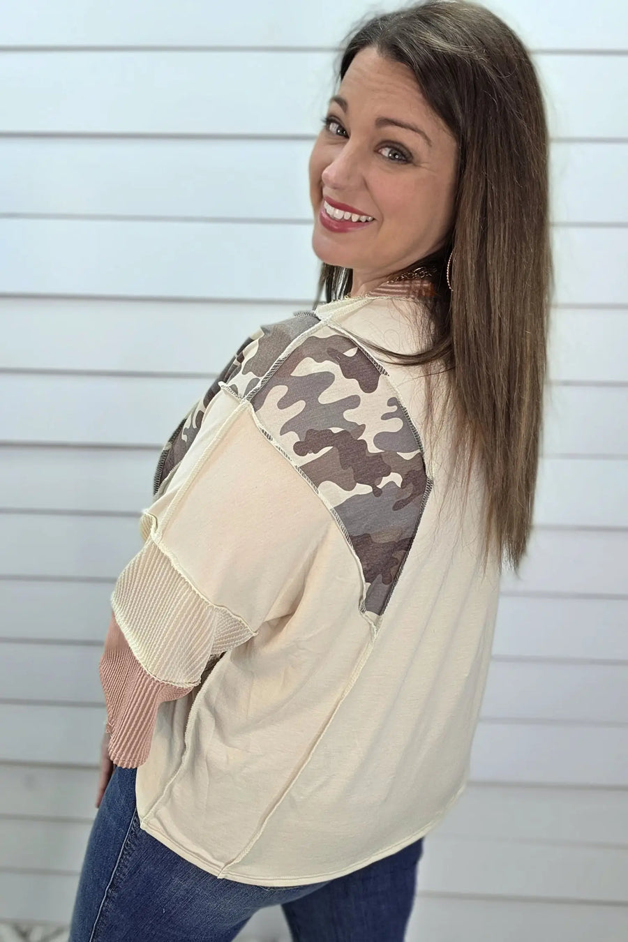 Plus size camo blouse side view showing loose silhouette — Fashionfitz UK