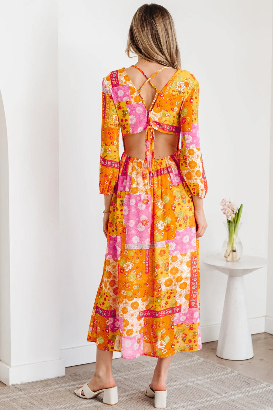 Orange Floral Patchwork Bracelet Sleeve Tied Back Maxi Dress Women UK — side detail