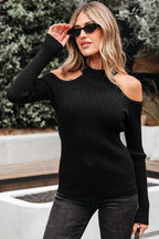 Black Cold Shoulder Choker Neck Sweater