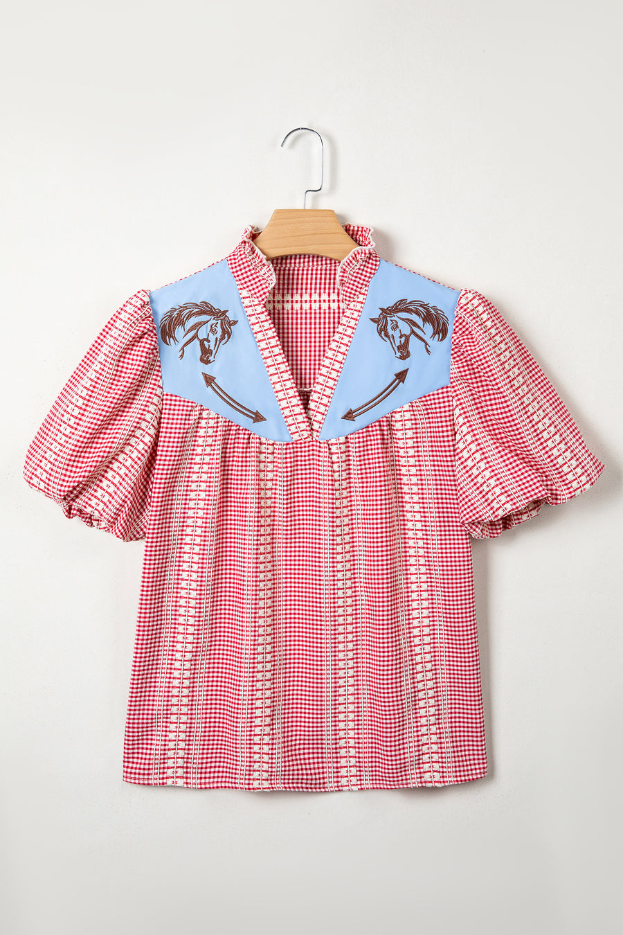 Western Pony Embroidered Puff Sleeve Gingham Blouse Women UK