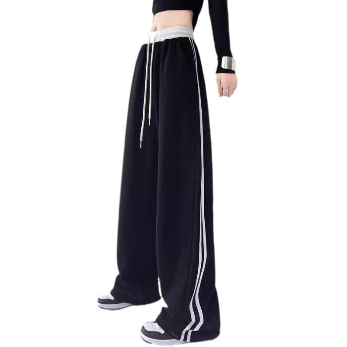High waist wide leg sweatpants full length view — black and grey
