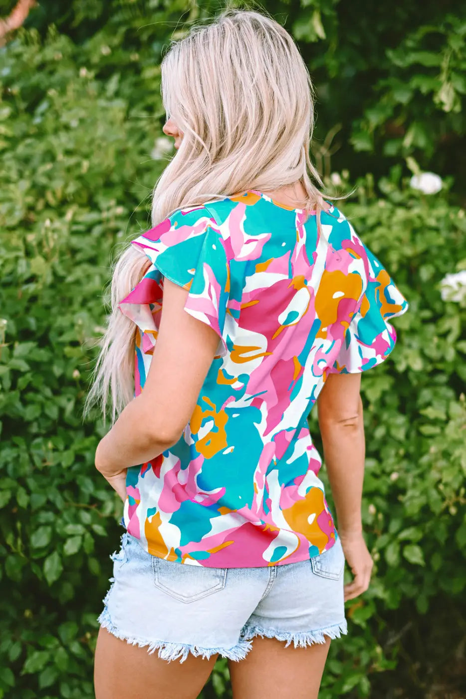 Multi colour flutter sleeve blouse - abstract print notched neck