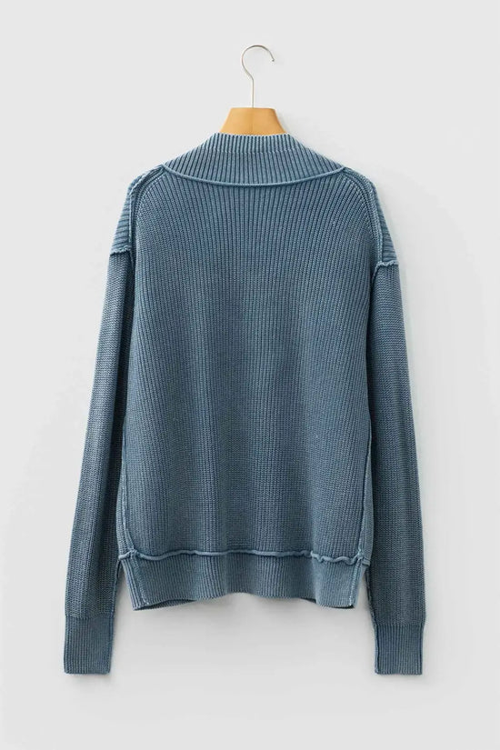 Back view of blue Women's Stonewash Patchwork Knit Open Cardigan, showing long sleeves and ribbed knit structure.