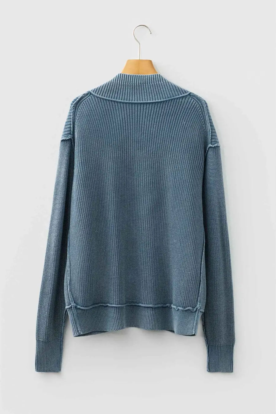 Back view of blue Women's Stonewash Patchwork Knit Open Cardigan, showing long sleeves and ribbed knit structure.