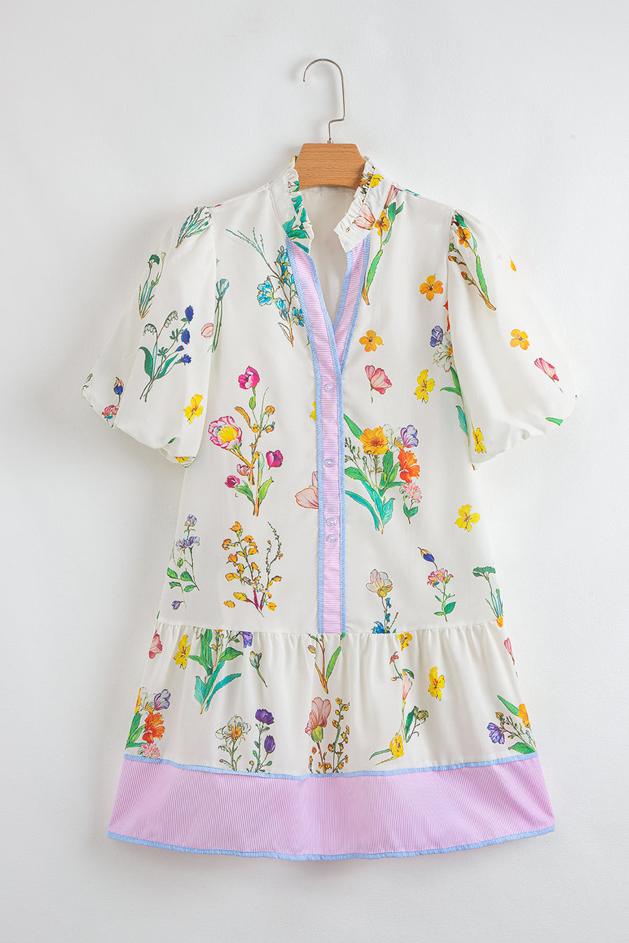 White Floral Contrast Striped Patchwork Puff Sleeve Dress Women UK