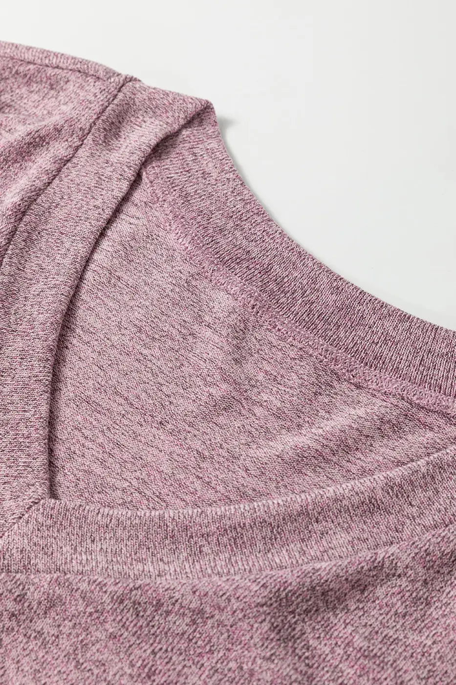 V-neck collar detail of top from Heather Mauve Duster Lounge Trio – 3‑Piece Loungewear Set in heather mauve, showcasing fine stitching and soft fabric.