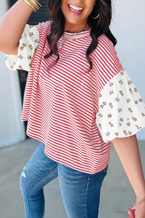 Red Stripe Floral Puff Sleeve Patchwork Loose Top Women UK